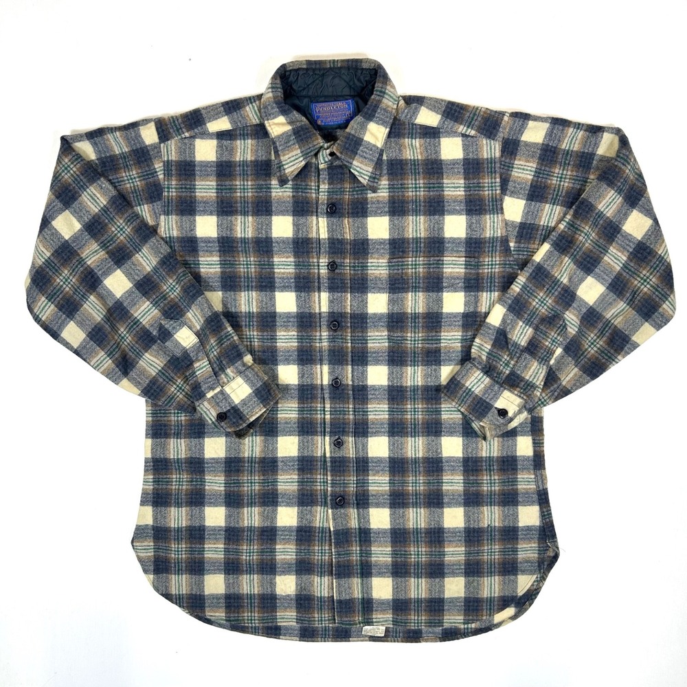 Pendleton Mens Large Blue Cream Plaid 100% Virgin Wool Flannel Button Down Shirt